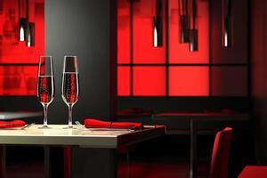 Romantic Dinner Setting Two Champagne Flutes on a Modern Table. photo
