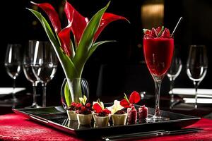 Elegant Red-Themed Table Setting with Gourmet Appetizers and Cocktail. photo