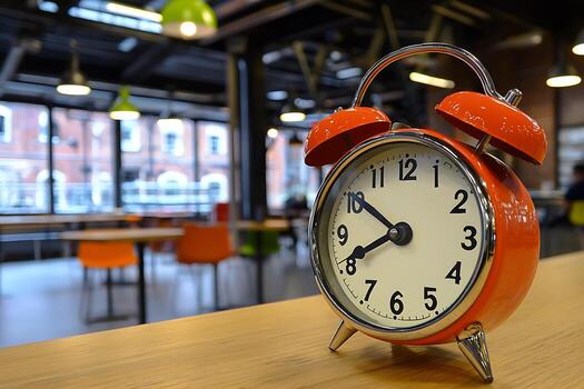 Orange Alarm Clock on a Table in a Modern Cafe. The clock shows the time, creating a visual representation of time management and productivity. photo