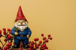 Garden Gnome Figurine with Red Berries on a Mustard Yellow Background. A whimsical image ideal for autumnal or holiday themes. photo