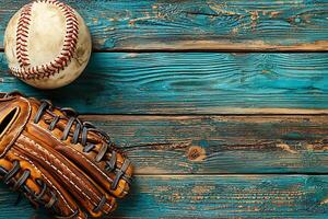 Vintage Baseball Glove and Ball on Rustic Wooden Background. A nostalgic image perfect for sports memorabilia, baseball-themed designs, or crafting projects. photo