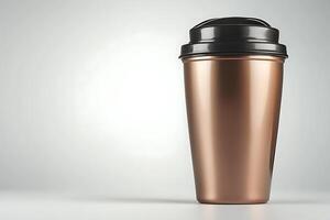 Rose Gold Travel Mug with Black Lid Perfect for On-the-Go Beverages. photo