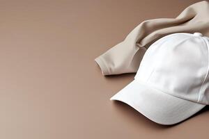 Stylish White Baseball Cap and Beige Jacket Mockup. A clean and modern image perfect for showcasing your branding or apparel designs. photo
