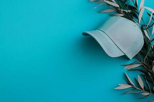 Stylish Teal Baseball Cap and Olive Branch Flat Lay on Vibrant Blue Background. photo