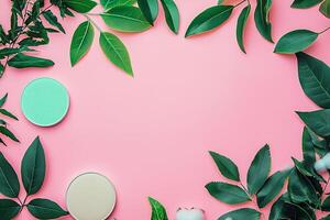 Lush Green Leaves Frame Pink Background with Cosmetic Product Mockup. This image features two round cosmetic containers and a copy space in the center. photo