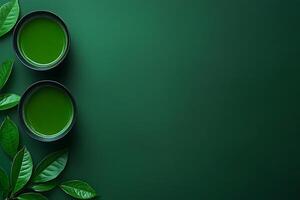 Two Cups of Matcha Tea with Green Tea Leaves on a Dark Green Background. A vibrant image perfect for wellness, healthy lifestyle, or tea-related content. photo