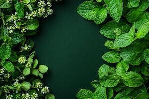 Fresh Mint and Flower Border on Dark Green Background Natural Herbal Frame for Design. photo