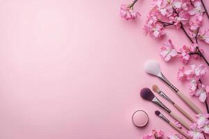 Pink Beauty Makeup Brushes and Flowers on Pastel Background. A flat lay image ideal for beauty blogs, magazines, and websites. photo