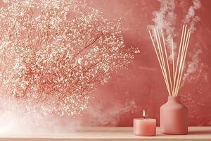 Tranquil Home Scene Scented Candle and Reed Diffuser with Baby's Breath. photo