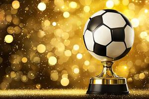 Golden Soccer Ball Trophy Award on Sparkling Background. A celebratory image perfect for sports, awards, and achievement themes. photo