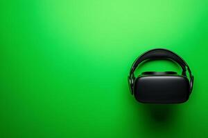 Black VR Headset on Green Background Technology and Virtual Reality Concept. photo