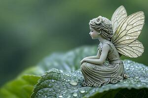 Serene Fairy Figurine Perched on Dew-Kissed Leaf. A tranquil image of a whimsical fairy statue, adorned with water droplets, sits peacefully amidst lush greenery. photo