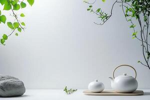 Serene Tea Ceremony White Teapot and Sugar Bowl with Greenery. photo
