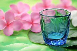 Tranquil Teal Glass on Lush Green Leaves with Pink Flowers. A serene image perfect for spa, wellness, or relaxation themes. photo