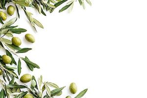 Olive Branch Frame Green Olives and Leaves on White Background. A fresh, natural border design perfect for food, health, or Mediterranean-themed projects. photo