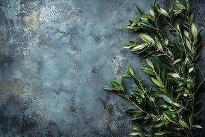 Olive Branches on a Rustic Blue-Grey Textured Background. A high-resolution image ideal for design projects and invitations. photo