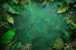 Lush Green Tropical Foliage Frame on Textured Background Perfect for Nature-Inspired Designs. photo