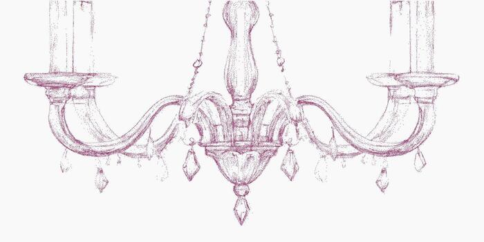 Chandelier with three candles on it, purple. Retro pop art stipple sketch, paper photocopy texture, threshold. vector