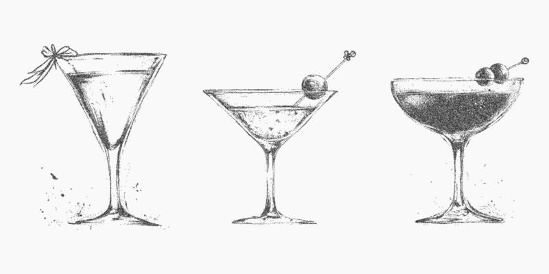 Three glasses of different shapes and sizes. Retro stippled linework with photocopy effect. Noisy halftone dot texture and threshold tones, analog.