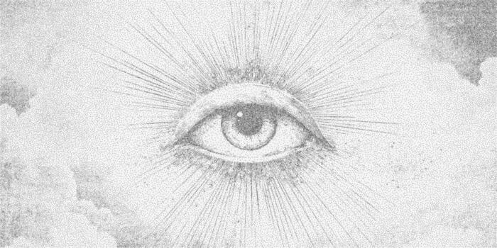 Blurry image of an eye with a black dot in the center. Retro stipple ink sketch with photocopy paper grain, rough threshold shading. Noisy gritty dot halftone effect. vector