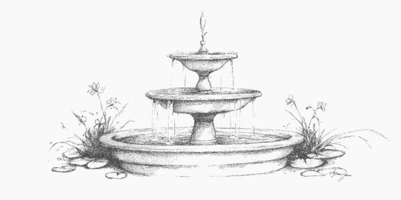 Fountain surrounded by grass and plants. Monochrome stippled piece with halftone pattern, noisy xerox texture and photocopy threshold for nostalgic feel.