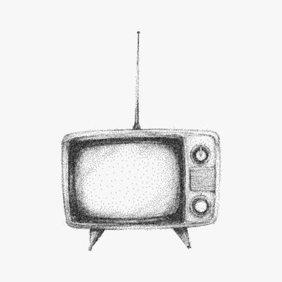 Black and white television with a remote control. Retro stipple illustration with halftone noise and bold threshold. Photocopy paper grain, nostalgic print style.