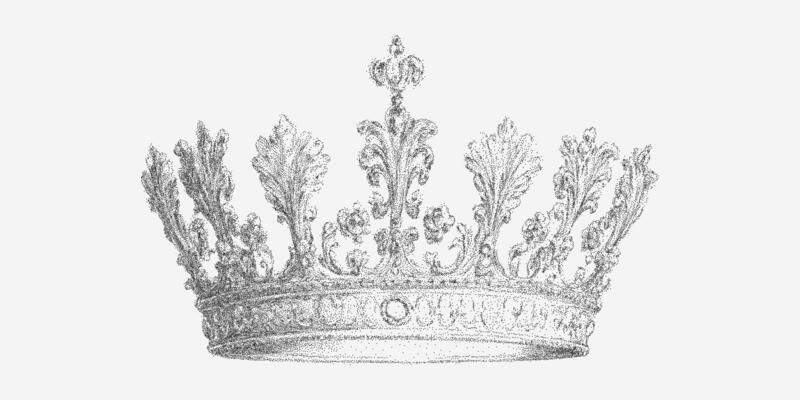 Crown made of dots. Retro pop art stipple sketch, paper photocopy texture, threshold.