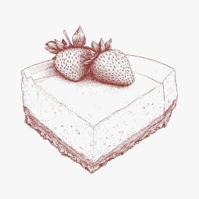 Strawberry cake with two strawberries on top. Stipple sketch with bold halftone pattern, rough photocopy noise and threshold for lofi punk aesthetics.