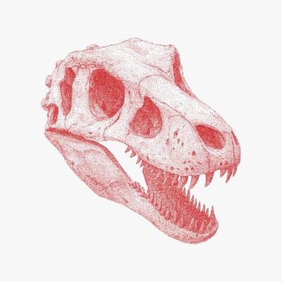 Close up of a dinosaur skull with red scheme. Retro stippled graphic, rough halftone dot texture, paper photocopy noise and threshold grain, xerox aesthetic.