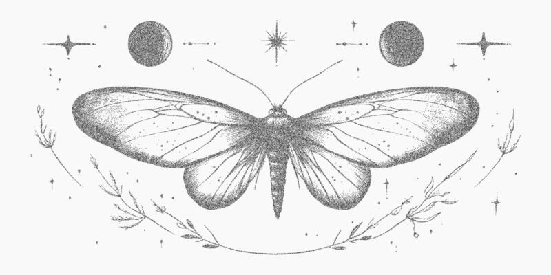 Butterfly with stars and moons. Stipple art inspired by vintage zines, rough halftone dot pattern, photocopy grain and threshold.