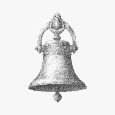 Bell, stipple ink sketch, gritty halftone shading, xerox photocopy noise and bold threshold.