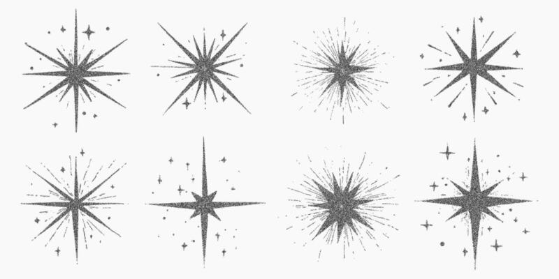 Set of stars with glitter. Vintage stippled drawing with halftone shading, photocopy grain and edgy threshold contrasts for nostalgic zine artwork.