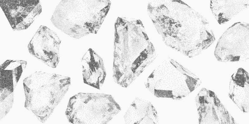 Close up of a rock and crystals. Retro ink stipple with halftone pattern, photocopy texture and threshold shadows, raw and analog inspired.