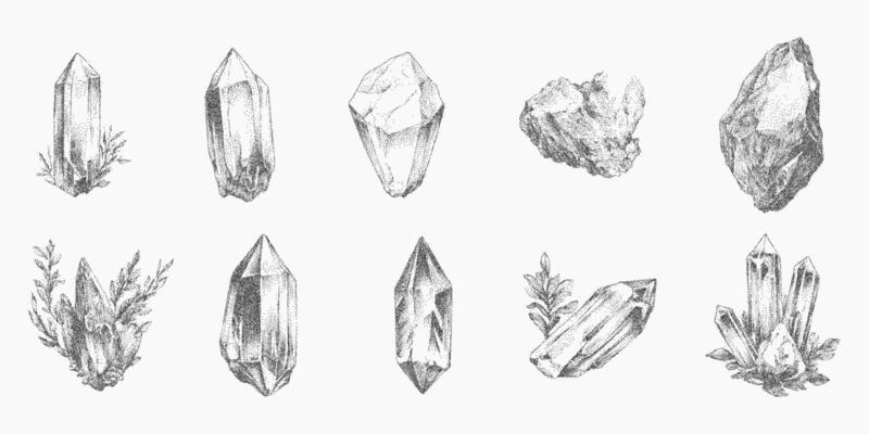Set of drawings of crystals different shape and size. Classic stipple shading, layered halftone pattern, subtle photocopy grit and bold threshold, retro prints.