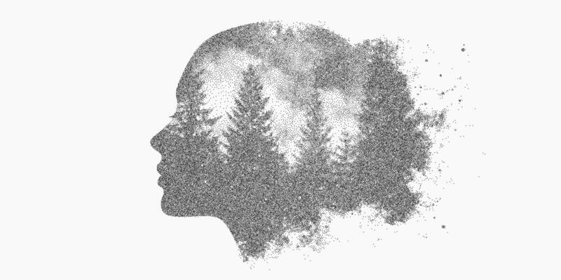Woman's face in a blurry, grainy style. Old stippled graphic, scattered halftone dots, faded photocopy effect and threshold edges, nostalgic print vibe.