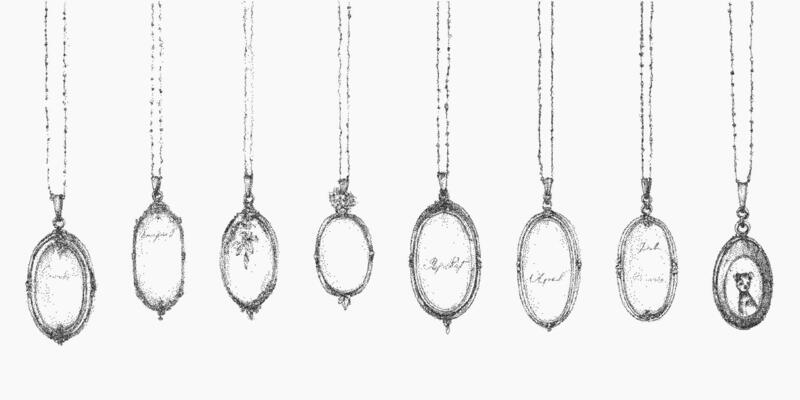 Row of necklaces with letters on them. Retro stipple drawing with photocopy grain texture. Bold threshold contrast, gritty halftone effect, nostalgic.