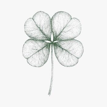 Green four leaf clover. Ink sketch with stipple shading and noisy halftone. Rough photocopy paper grain, lofi retro print feel. vector
