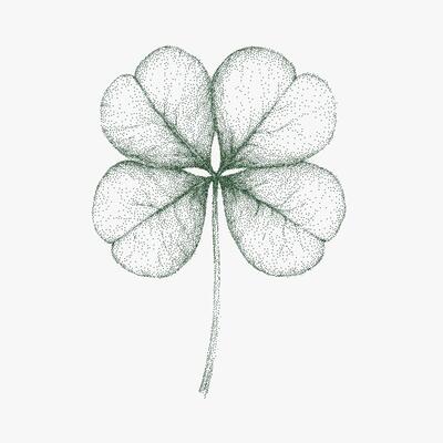 Green four leaf clover. Ink sketch with stipple shading and noisy halftone. Rough photocopy paper grain, lofi retro print feel.