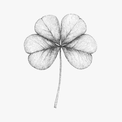 Four leaf clover. Retro stipple line art with photocopy distortion, gritty halftone dots and threshold shadows, nostalgic print look.