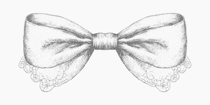 Bow made of ribbon. Old photocopy stipple sketch with speckled halftone effect, gritty print texture and threshold, lofi look.