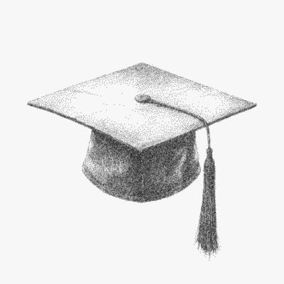 Graduation cap with a tassel. Old zine stipple drawing with bold halftone shading, grainy photocopy paper texture, threshold distortion.