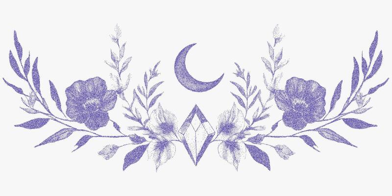 Blue flower design with a moon and diamond. Retro stipple illustration, photocopy texture with noise. Threshold contrast and gritty halftone dots.