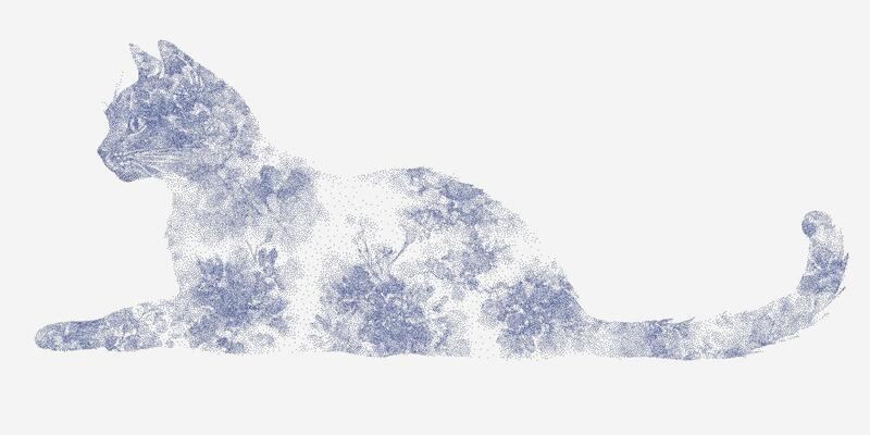 Cat with flower pattern. Stipple sketch, photocopy paper texture, threshold. Noisy gritty halftone dots, retro vibe, classic zine photocopy style.