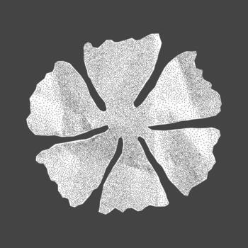 Minimalistic flower silhouette with jagged torn edges. Textured crumpled paper element with halftone shading for scrapbooking and banner layouts. vector