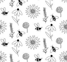 Daisy flower and bee seamless pattern. graphic line illustration. Pretty hand drawn floral print. design for fashion graphics, textile prints, fabrics, wallpapers. vector