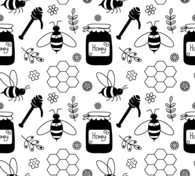 miel sin costura modelo. gráfico línea ilustración. colmenar colección antecedentes. miel frasco, maceta, panal, miel gota, cazo. para póster, invitación, fondo, anuncio, rebaja promoción vector