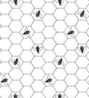 Beehive honey sign with hexagon grid cells and bee seamless pattern. graphic line illustration. design for fashion graphics, textile prints, fabrics, wallpapers. vector