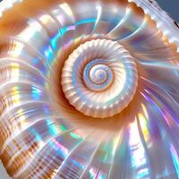 Close Up of Iridescent Spiral Seashell with Rainbow Reflections photo