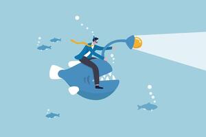 Business discovery, spotlight to guide success direction to find new opportunity, deep dive analysis or leadership challenge way, businessman riding angler fish with spotlight to search for success. vector