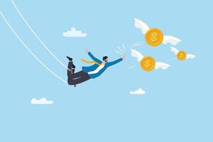 Financial risk, greed and fear investment, making money, debt or loss problem, chasing investment return, danger or crisis, businessman risk himself chasing money to grab flying dollar gold coin. vector